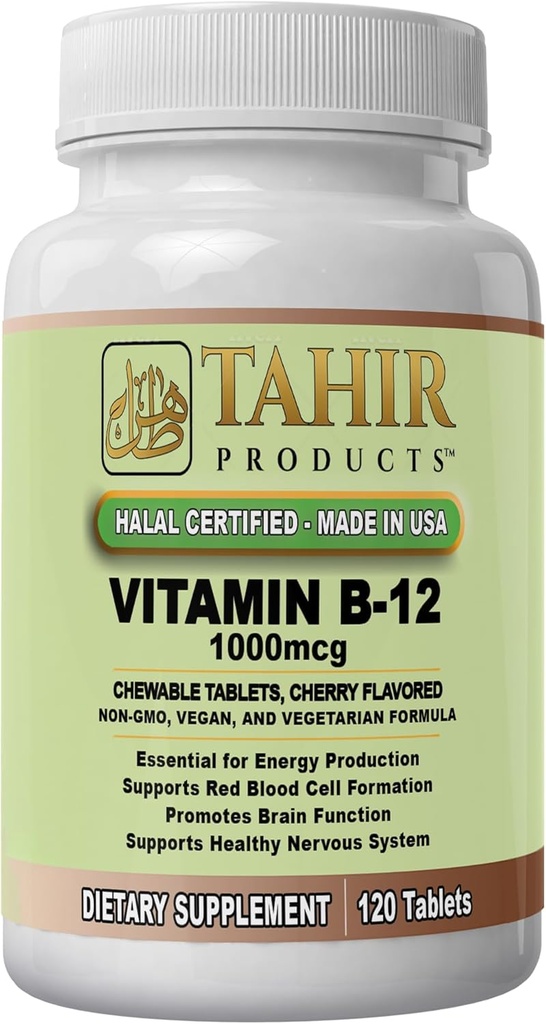 Tahir のハラール ビタミン B12 1000mcg: エネルギー、代謝及び神経系の健康を後押しして下さい。 ビーガン&ベジタリアン, 乳製品フリー, 120 咀嚼可能なタブレット. 米国製 - ハラール認証