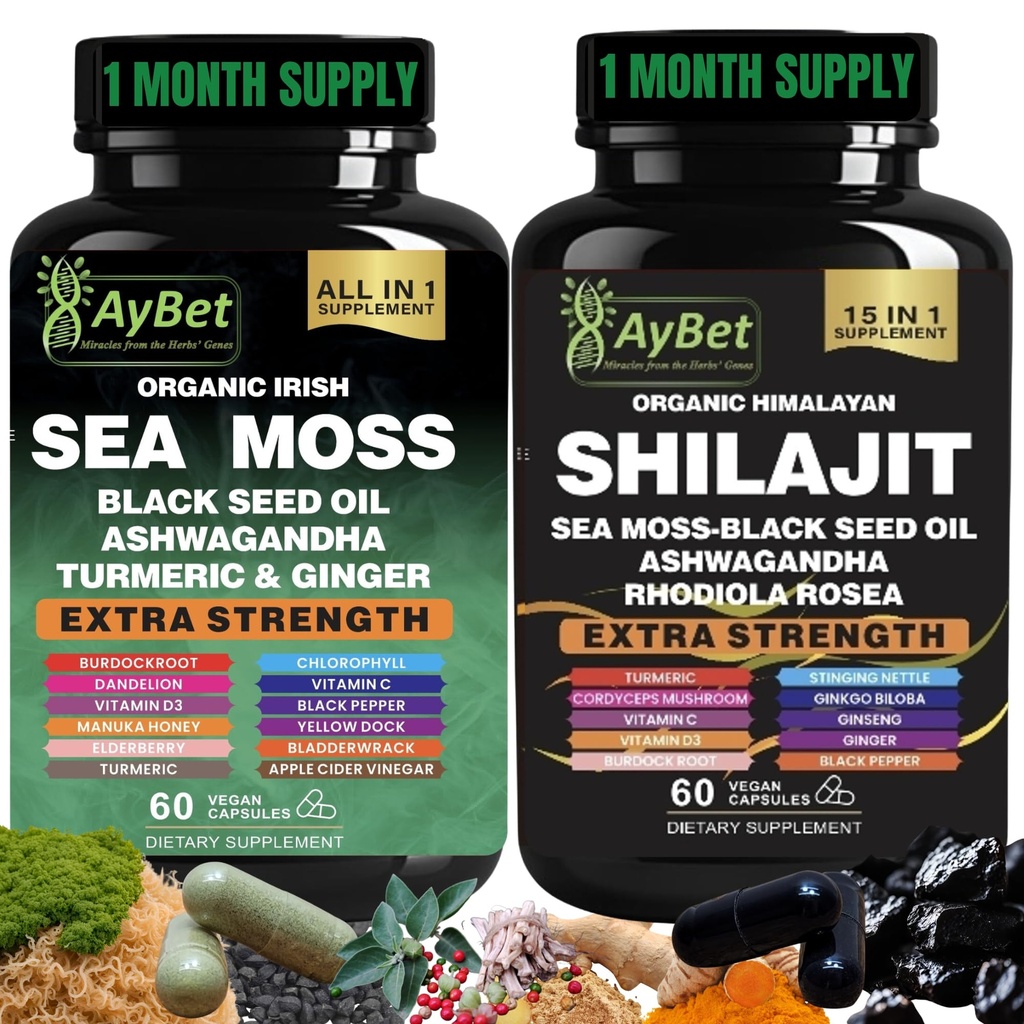 海苔シラジットコンボバンドルカプセル, ブラックシードオイル, Ashwagandha, Rhodiola Rosea, Burdock, ターメリック, ジンジャー, VitC, VitD3, 1つのサプリメントですべて, 120カプセル, ハラール, ビーガン, USDA Organic
