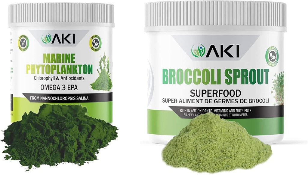 AKI Broccoli Sproutパウダー(5.29oz / 150g)とマリンフィトプランクトンパウダー(2 Oz / 57G) - 植物ベースのタンパク質とビタミンの理想的な  ビーガン&GMO無料