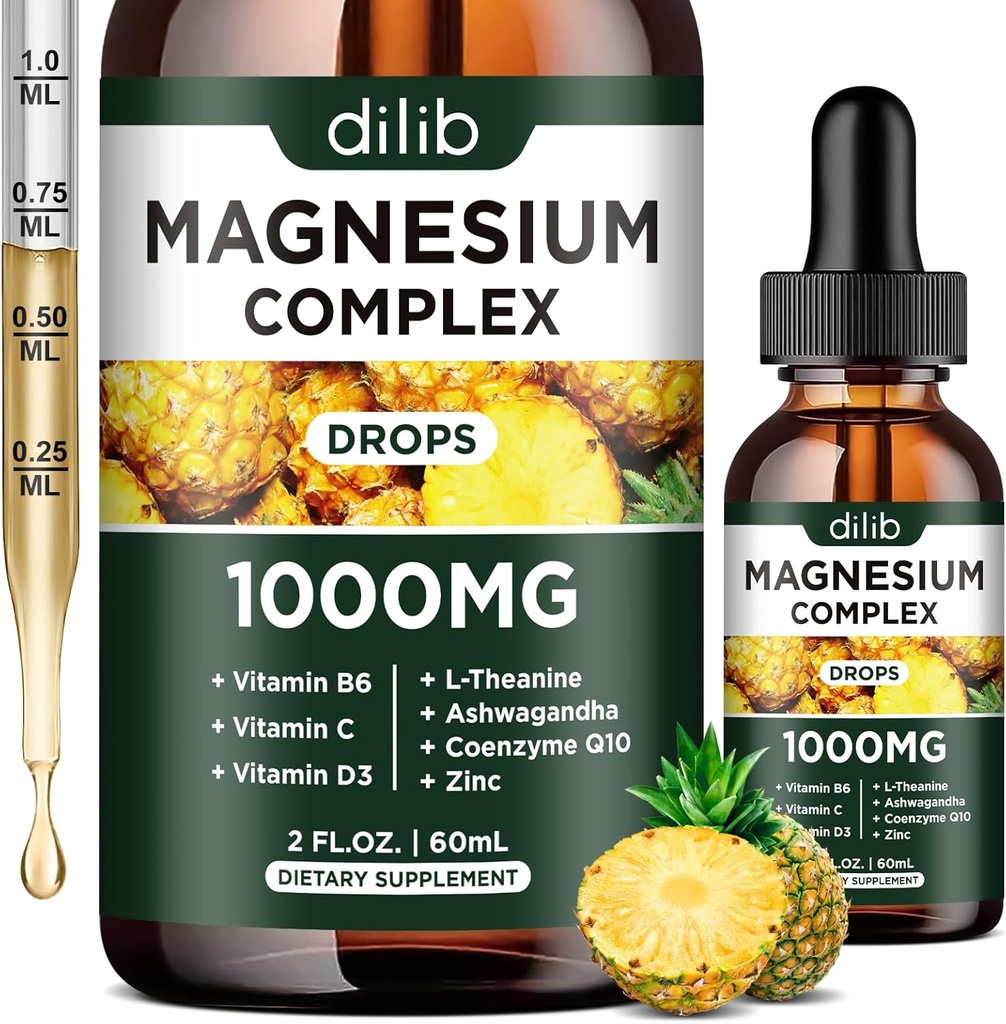 Triple Magnesium Complex Supplement, Magnesium Glycinate, Blend, Citrate Liquid Drops 1000mg with Ashwagandha, CoQ10, Vitamin B6, C, D, Zinc - Vegan Pineapple Flavor