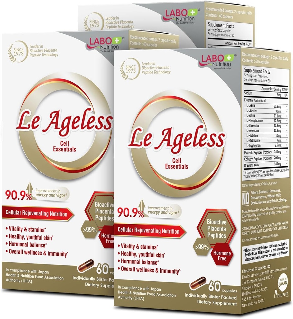 LABO Nutrition Le Ageless - プラセンタ細胞の若返り療法 - 免疫健康、皮膚再生、アンチエイジングをサポートするコラーゲンペプチドとビール酵母を強化 - 60カプセルX3