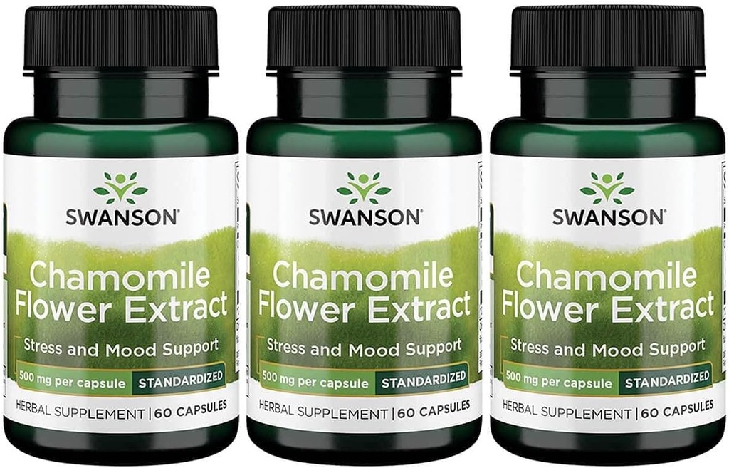 Swanson Chamomileの花のエキス500のミリグラムはカプセル60のカプセル3のパックごとの1.2% Apigenin 6 mgに標準化しました