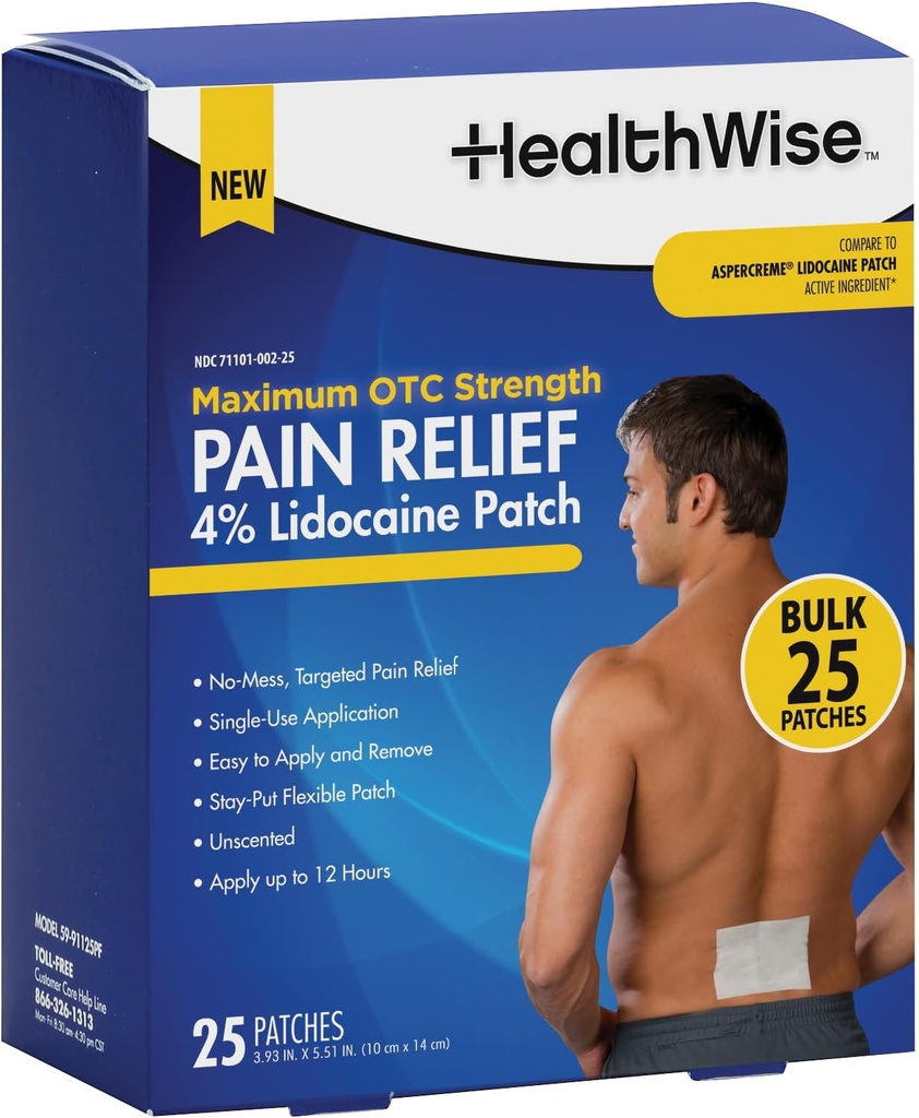 健康Wise 4% リドカイン痛みの軽減パッチ | 最大OTC強度 | 25個数 | 3.93倍 × 5.51倍 | 痛みや痛み | 臭気のない | 化粧水 | 柔軟に接着しやすい