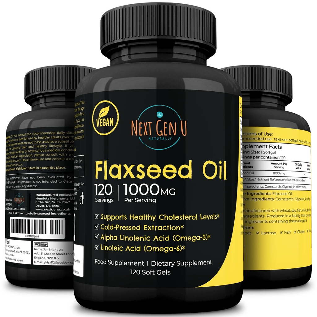 亜麻仁油カプセル - 1000 mg - 120 ビーガン軟ゲル - オメガ3、6、9 - コールドプレスフラックス種子フォーミュラ - 4 ヶ月の供給 - 次GenUによって