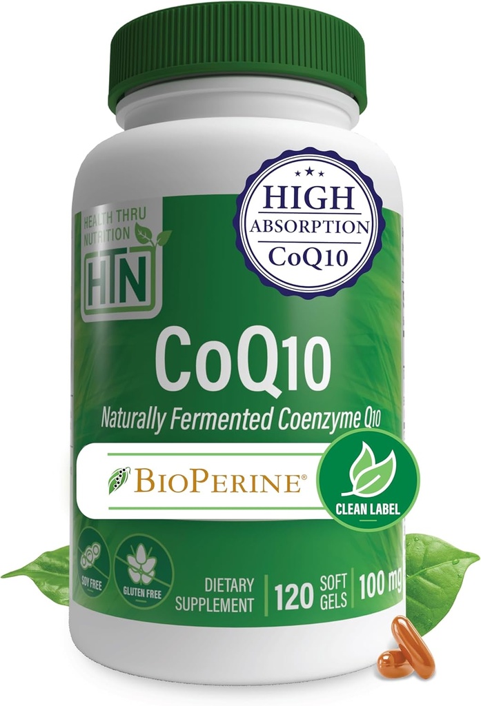 BioPerine 120 Softgelsによる健康のThru Nutrition CoQ-10 100mg | 高吸収性自然発酵USPグレードの補酵素Q10サプリメント | 3rd Party Tested | 心の健康とエネルギーサポート
