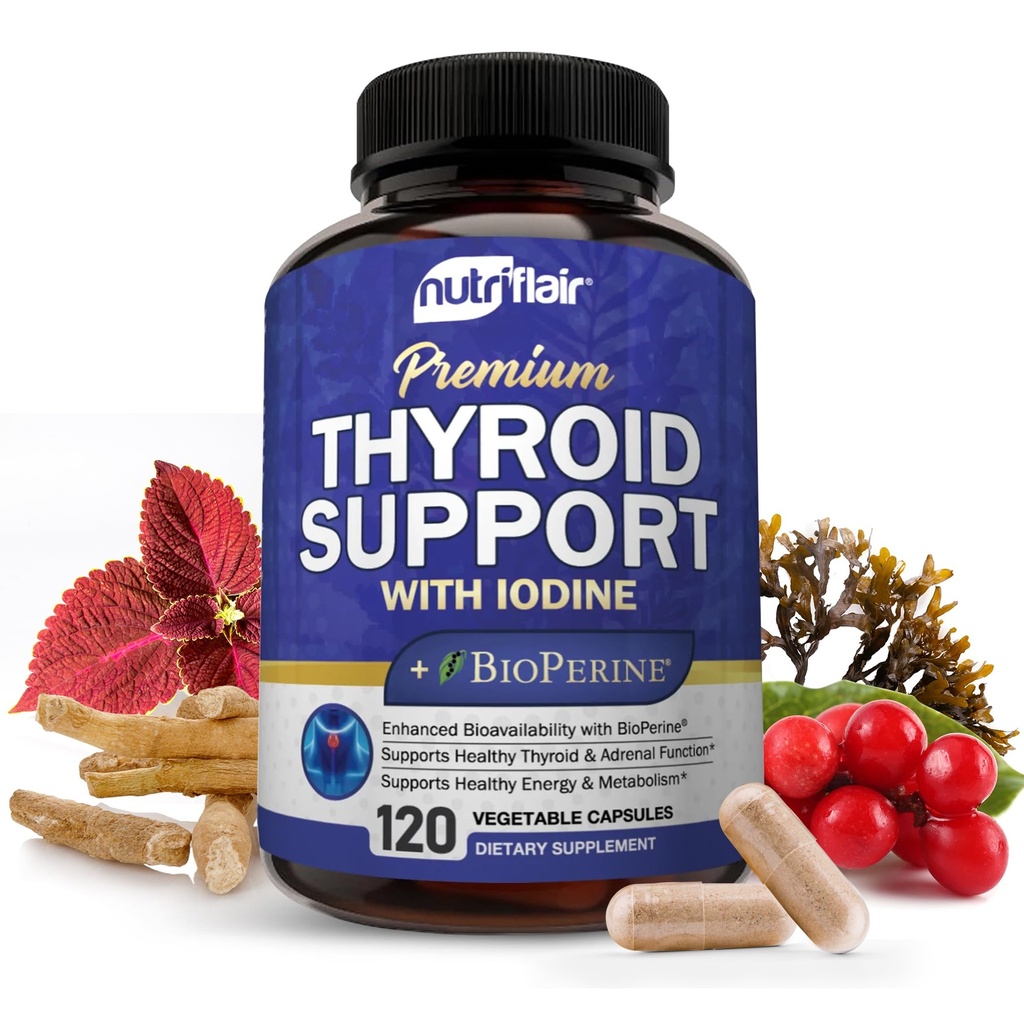 NutriFlair Thyroidサポートコンプレックス、120カプセル - Iodine、ブラックペッパー、Ashwagandha、ビタミンB12 - 女性と男性のための甲状腺サプリメント