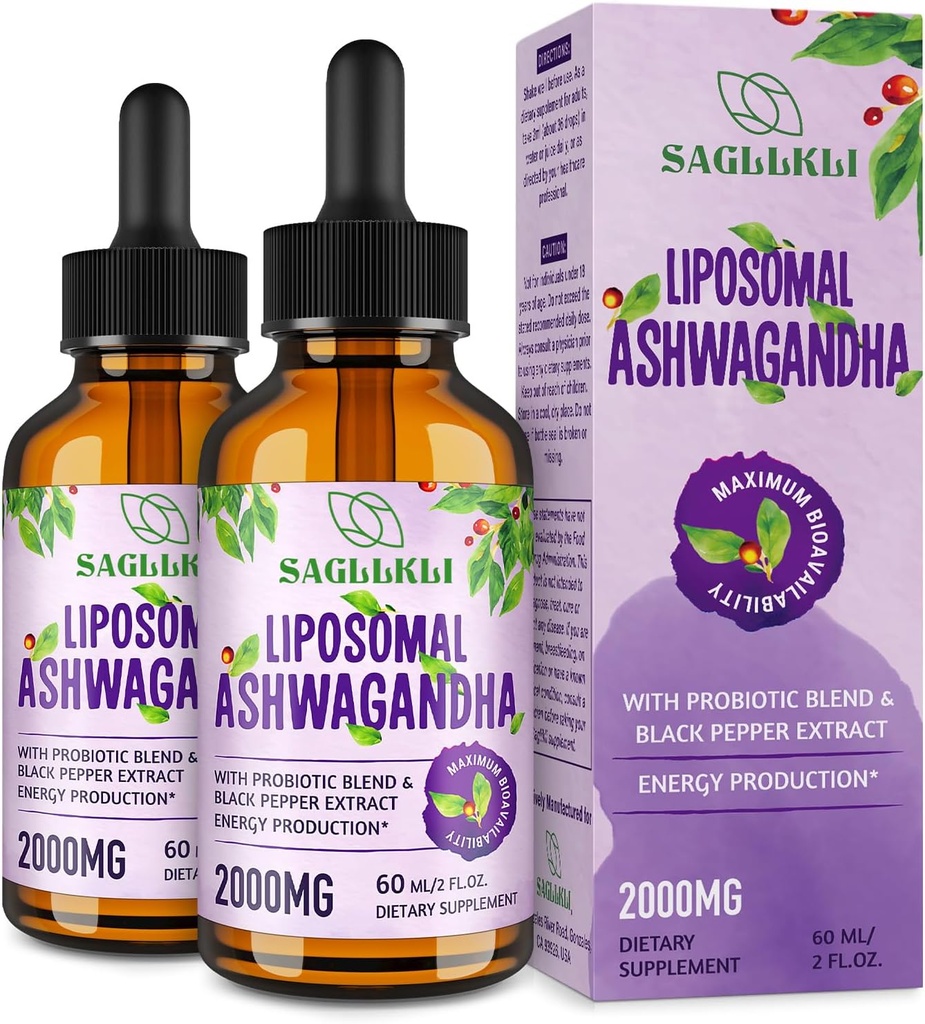 Liposomal Ashwagandhaの液体は2000mg、Ashwagandhaの根のエキスの補足(7%のwithanolides)を焦点、認知及びエネルギーのためのプロバイオティクス- 4 FL.OZ (2本のびん)落とします
