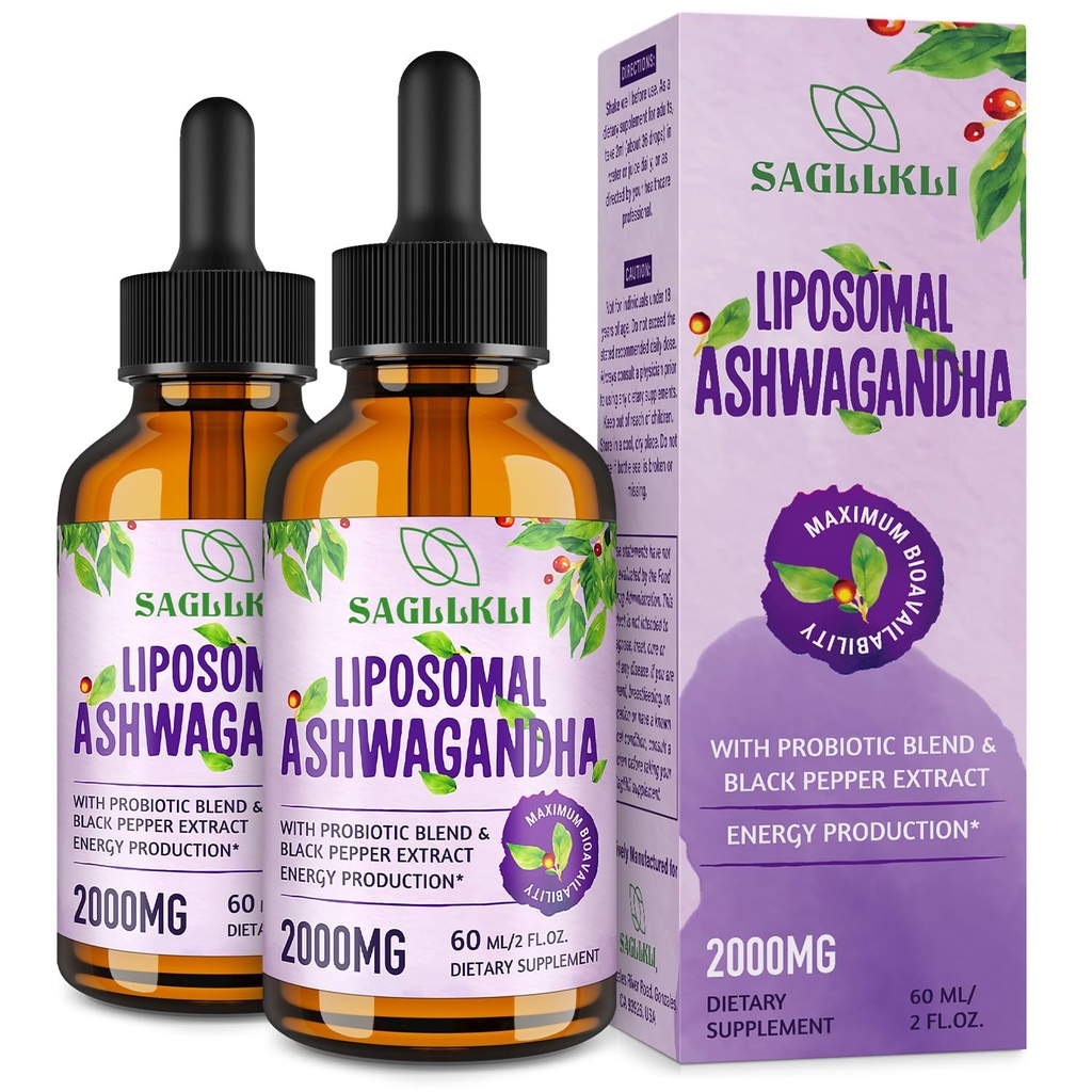 Liposomal Ashwagandhaの液体は2000mg、Ashwagandhaの根のエキスの補足(7%のwithanolides)を焦点、認知及びエネルギーのためのプロバイオティクス- 4 FL.OZ (2本のびん)落とします