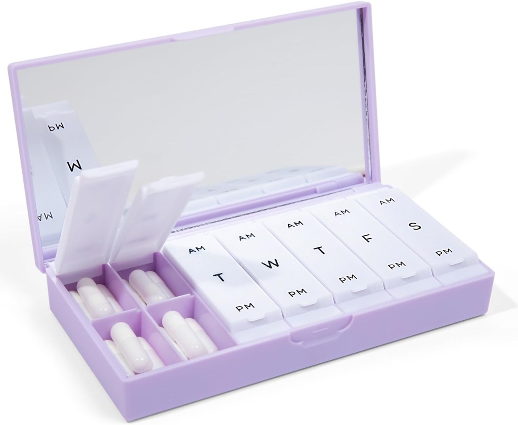 PORT X POLISHデザイナーウィークリーピルボックスオーガナイザー(AM/PM 2Xデイリー、ライラック) | コンパクトでスタイリッシュな7日間ビタミンサプリメントケース | かわいいポータブルミニ旅行薬キャリア | BPAフリーピルボックスキャディー