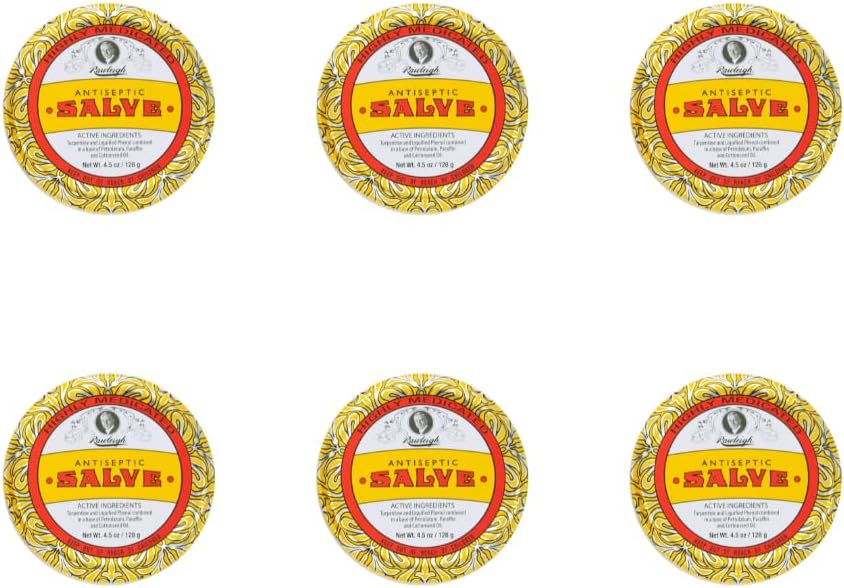Rawleigh Antiseptic Salve Iconic Yellow Big Tin: 4.5 oz, Multi-Purpose Ointment Soothes Cuts, Bruises, Irritations, with Turpentine, Phenol, Cottonseed Oil & Paraffin, Original Formula - Pack of 6