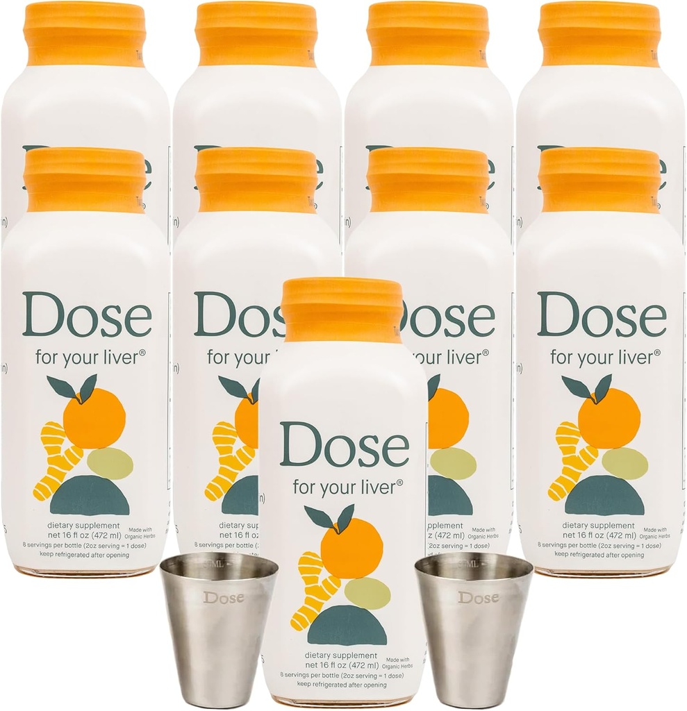 あなたのライバーサポートサプリメントショットのためのDOSE|非GMO、ビーガン、グルテンフリー、コシャレーブ|16oz(9ボトル)&2ozショットグラス(2メガネ)