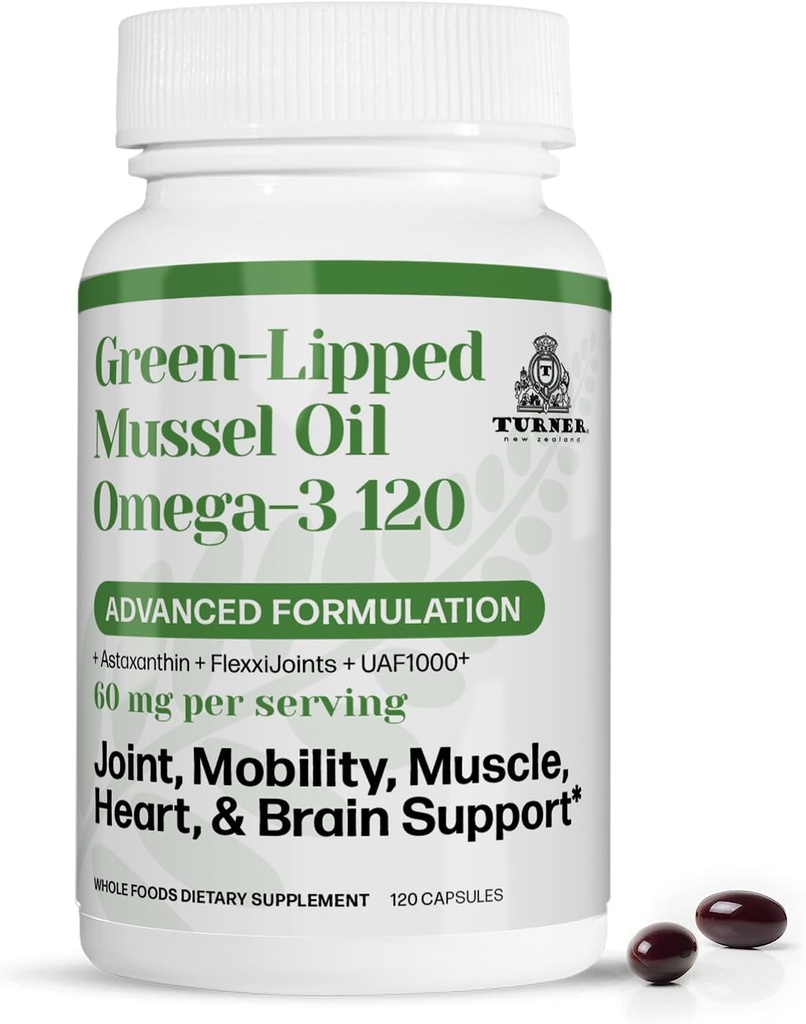 TURNER New Zealand Green Lipped Omega-3 Mussel Oil, 53x Higher Potency with UAF1000+ Super Antioxidant for Superior Joint Comfort & Mobility, No Fishy Aftertaste, 1 Bottle, 120 Softgels