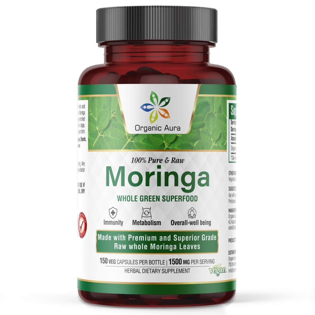 オーガニックオーラモリンガリーフカプセル | 1500mg - 150 HPMC Veg | 全葉緑スーパーフード栄養 | 自然に代謝、エネルギー、健康、スタミナをブースト | 100% 安全モリンガ | GMO
