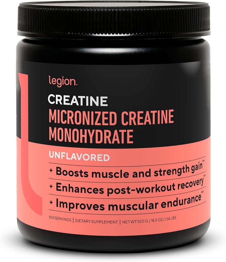 LEGION Micronized Creatine Monohydrate Supplement - Clean Creatine Powder for Muscle Gain & Post Workout Recovery - Micronized Creatine Supplement for Maximum Absorption (100 Servings, Unflavored)