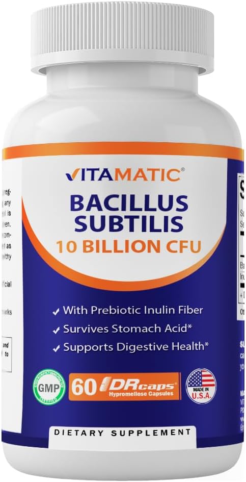 Vitamatic BacillusのSubtilis DRのカプセルごとの10の鋼片- 60の計算-消化器、腸及び免疫の健康サポート-プレバイオティックインリン繊維と作られて