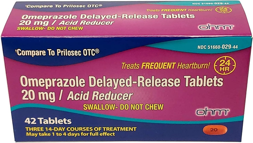 Ohm Omeprazole 20mgの42の遅れたReleaseのタブレット、Frequent Heartburnのための酸の減力剤、24時間の救助のHeartburnの薬、助けはStomach及びChest Discomfortを(6の供給、42、計算の週)取り除きます