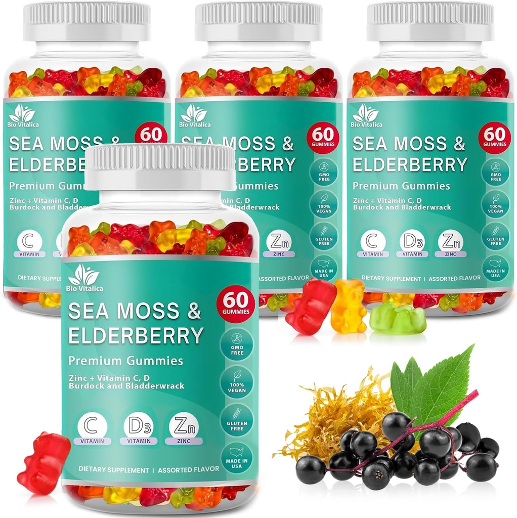 BIO VITALICA 海苔 グミーズ エルダーベリーバイオビタリカ - ビタミンC D +亜鉛 - アイルランドのシーモス ヴィーガン 免疫のためのゲル&パウダー、デトックス - 大人と子供(4パック)