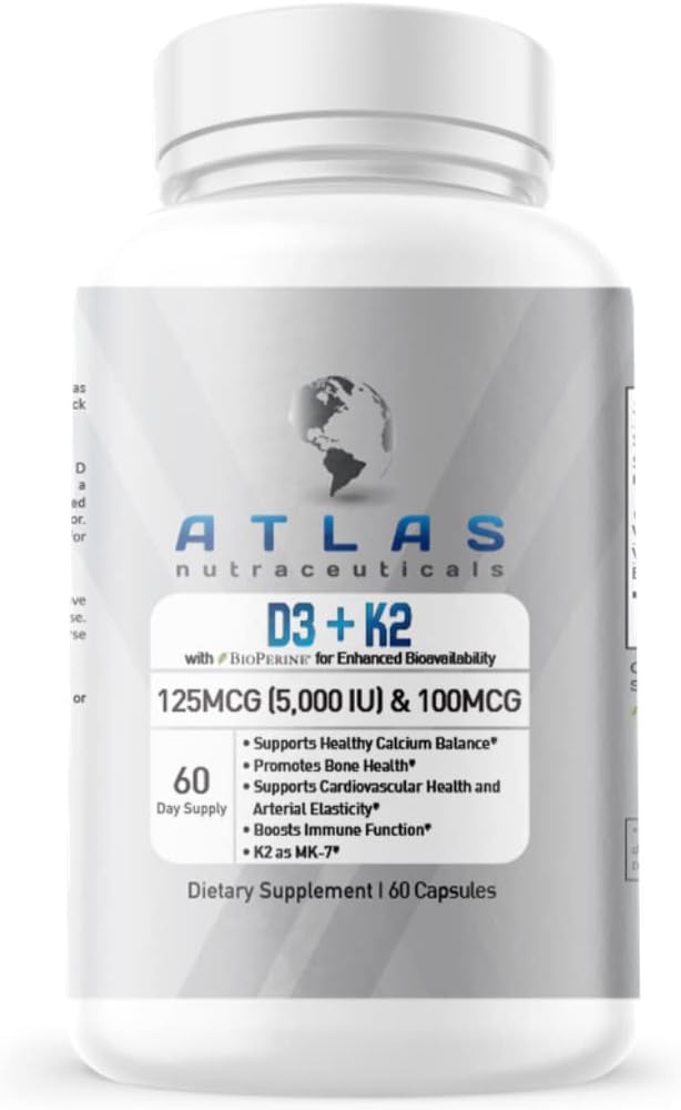 アトラスNutraceuticalsビタミンD3 + K2-ビタミンD3 5000IUプラスK2、1の方式、2 MK7ビタミンK2、60カプセル、免疫ビタミン複合体