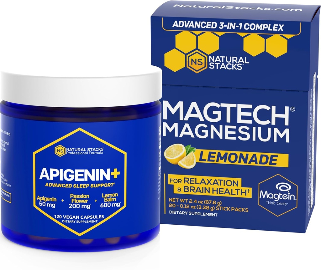 NATURAL STACKS Magtech Magnesium Drink Mix + APIGENIN+ Supplement Bundle - Supports Relaxation, Brain Health & Sleep* - 80 Servings