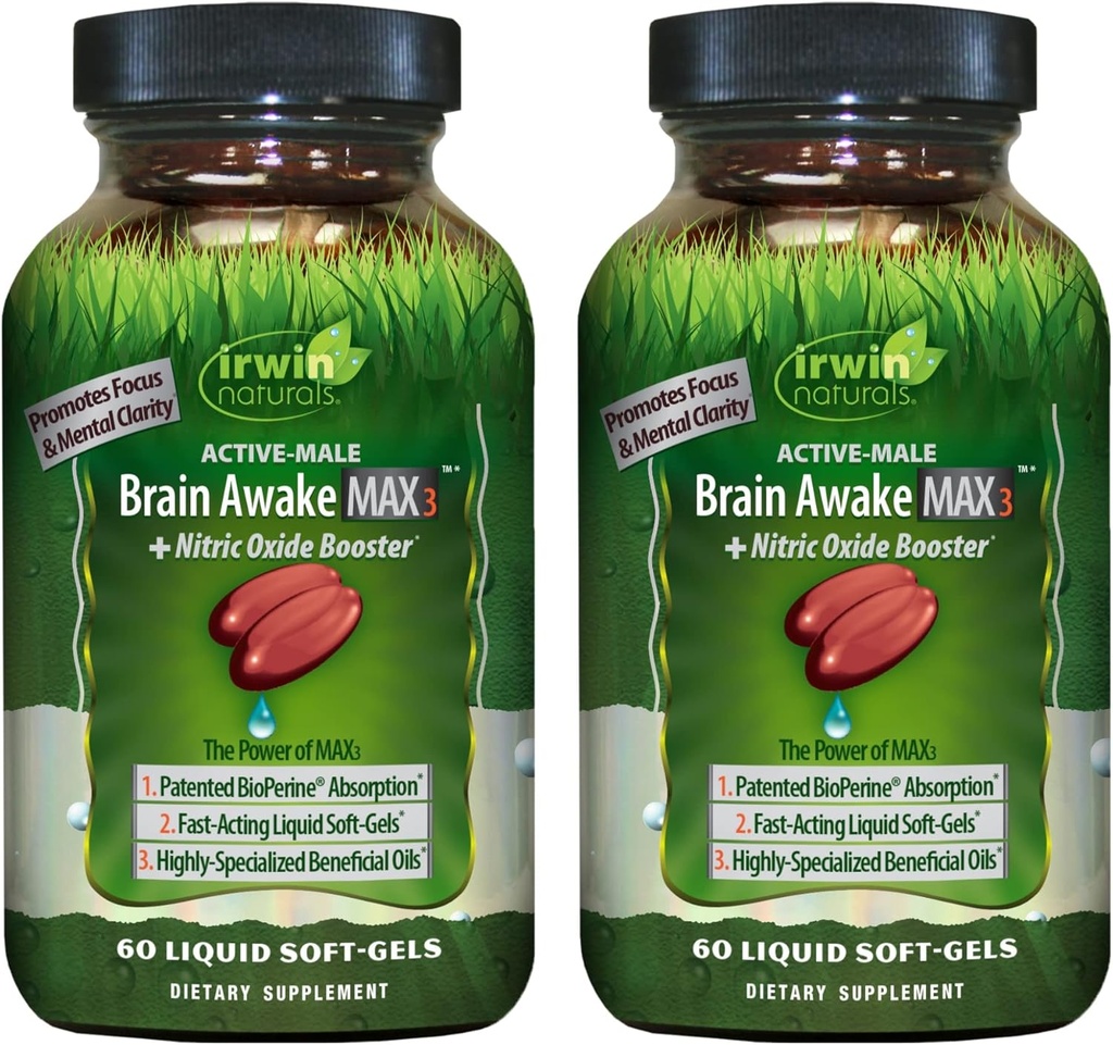 Irwin Naturals Brain Awake Max3 + Nitric Oxide Booster - 60の液体の柔らかいゲル、2のパック - サポート脳の健康及び最適化の性能 - 40の合計のサービング