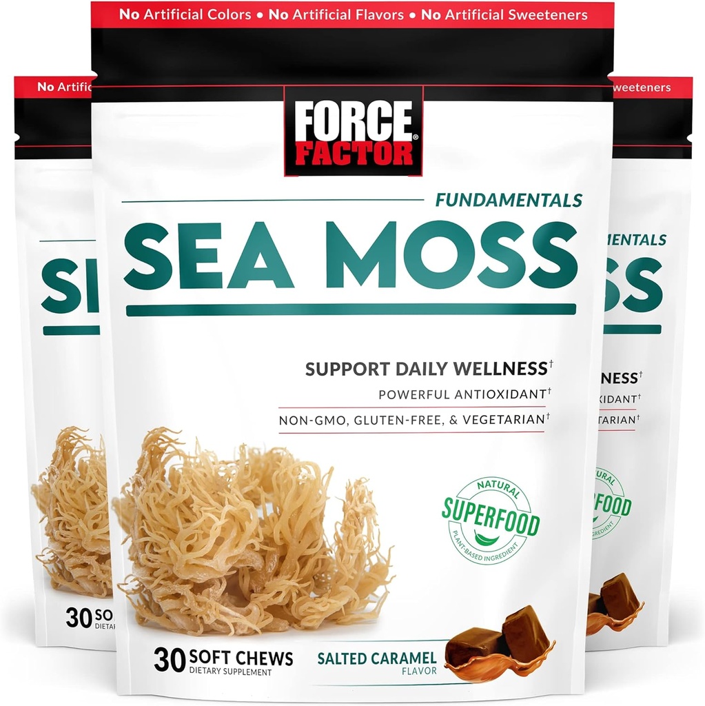 FORCE FACTOR Sea Moss Soft Chews, Support Immunity, Digestion, and Heart Health, Irish Sea Moss Superfood & Antioxidants Supplement, Non-GMO, Gluten-Free, Salted Caramel Flavor, 90 Soft Chews, 3-Pack