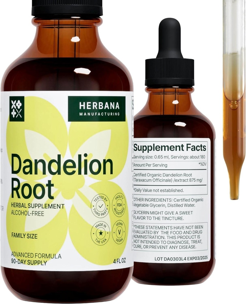 Dandelion Root 4 の fl の oz の液体のエキス - 清潔になることのための自然な草の補足、消化機能及び免除 - 有機性 Taraxacum の officinale - 家族のサイズ - 高い効力の低下 - 90 日の供給