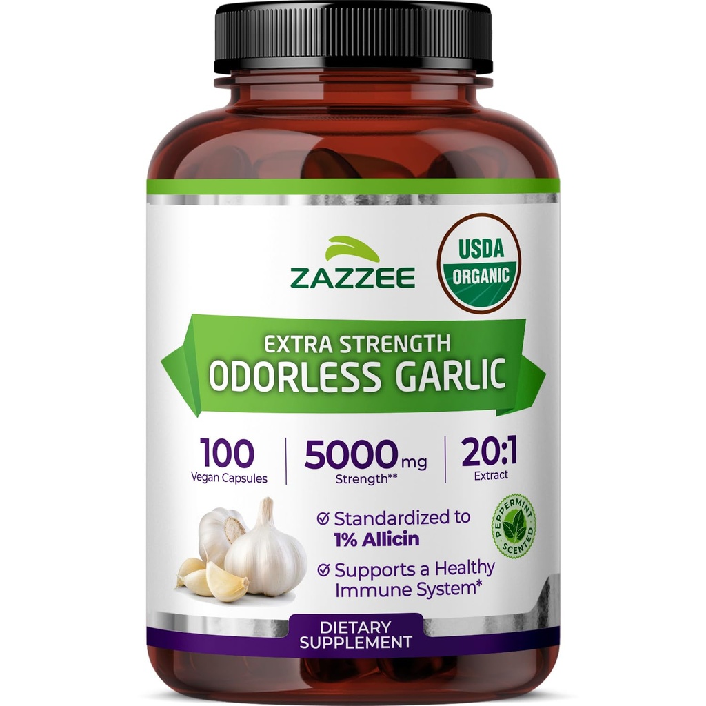 ZazzeeのUSDAの有機性無臭のニンニク20:1のエキス、5000のmgの強さ、100のビーガン カプセル、3+か月の供給、標準化される、集中された20Xのエキス、100%の菜食主義者、非GMO、米国で作られる