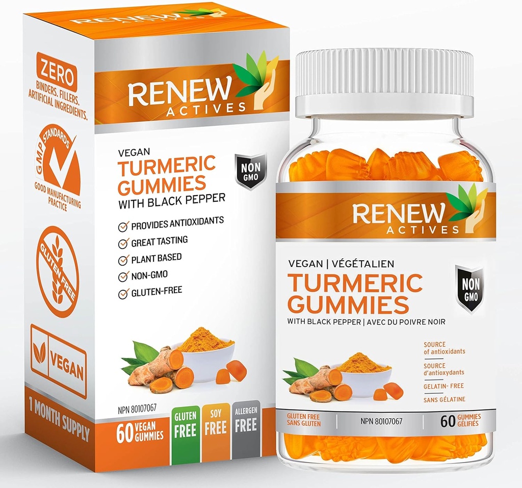 RENEW ACTIVES ビーガンターメリック 130MG 2 高められた吸収のための黒胡椒とグミ – 抗酸化サポート & 免疫の健康 – 素晴らしいテイスティング, 簡単に飲みやすいサプリメント, カナダ製 – 60 グミ