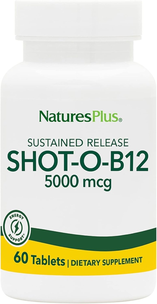 Natures Plus Shot-O-B12(メチルコバラミン)、サステンドリリース - 5000 mcg、60 ベジタリアンタブレット - 高効力、高速演技B12サプリメント - 記憶とエネルギーブースター - グルテンフリー - 60 サービング
