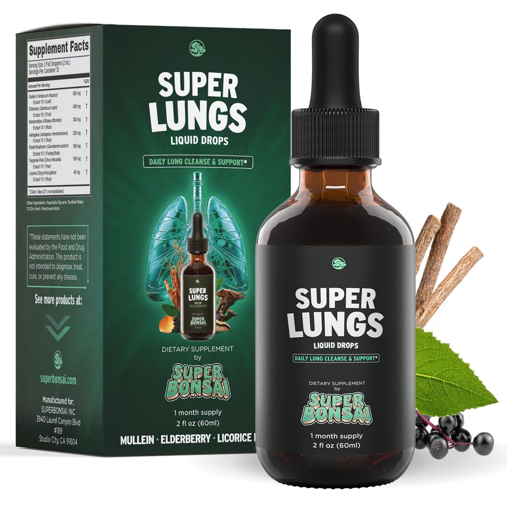 SuperBonsai Super Lungs Mullein Drops - Mullein Leaf Extract Elderberry Reishi Marshmallow RootによるHerbal Lung Support Tincture - 明確な呼吸とウェルネス - 2 oz