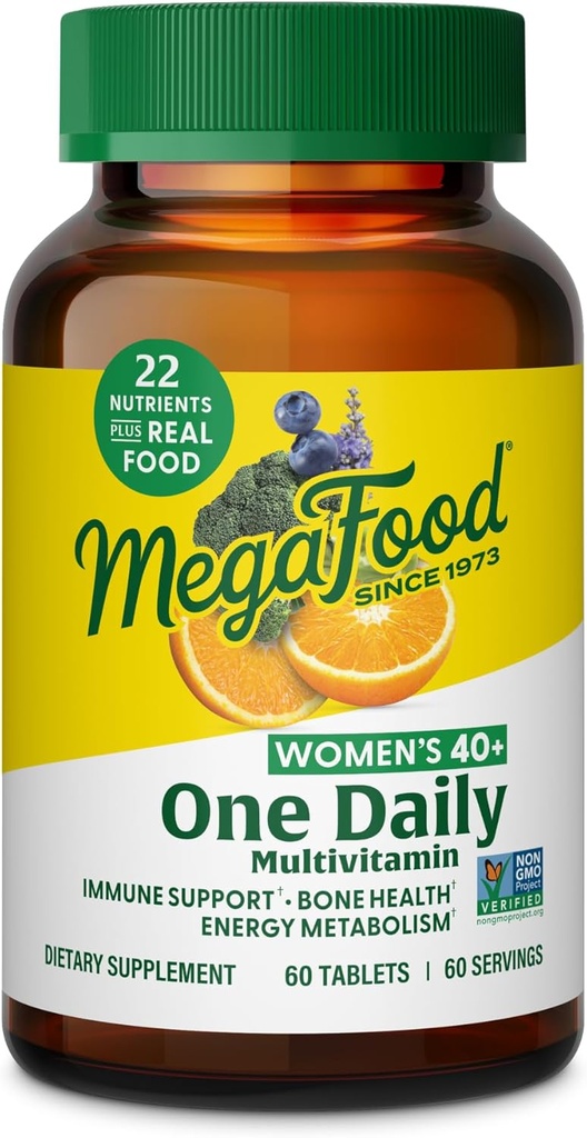 MegaFood Women's 40+ One Daily Multivitamin for Women - with Vitamin B12, B6, C, D, Zinc & Iron – Plus Real Food - Immune Support - Bone Health - Non-GMO - Vegetarian - 60 Tabs