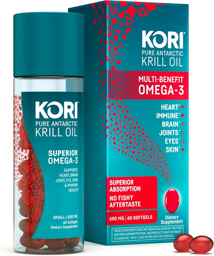 Kori Krill Oil Omega 3 Superior Absorption Oil Supplement, EPA & DHA, 600 mg, 60 Softgels