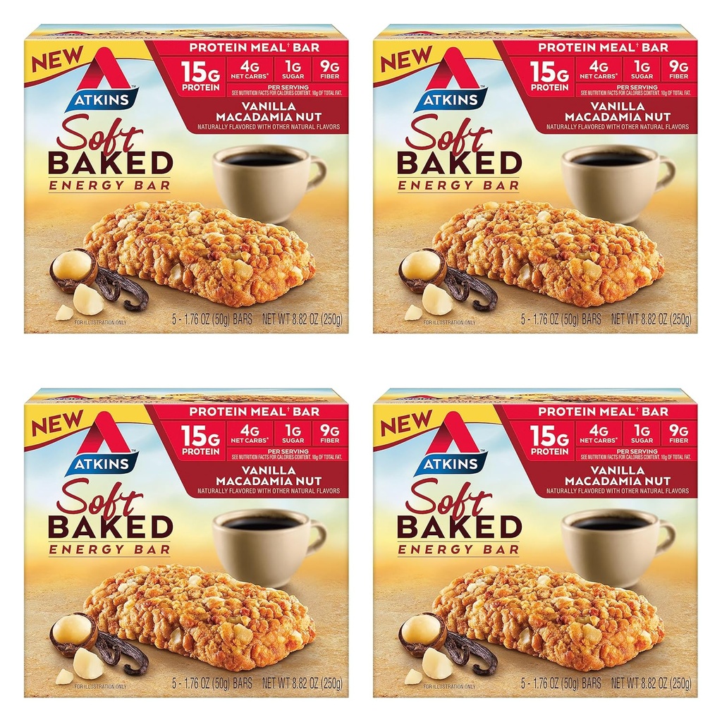 Atkinsバニラマカダミアナッツ風味の柔らかい焼かれたエネルギー バー、タンパク質、低砂糖、高繊維スナック、タンパク質スナック、4パック(4バー 各)