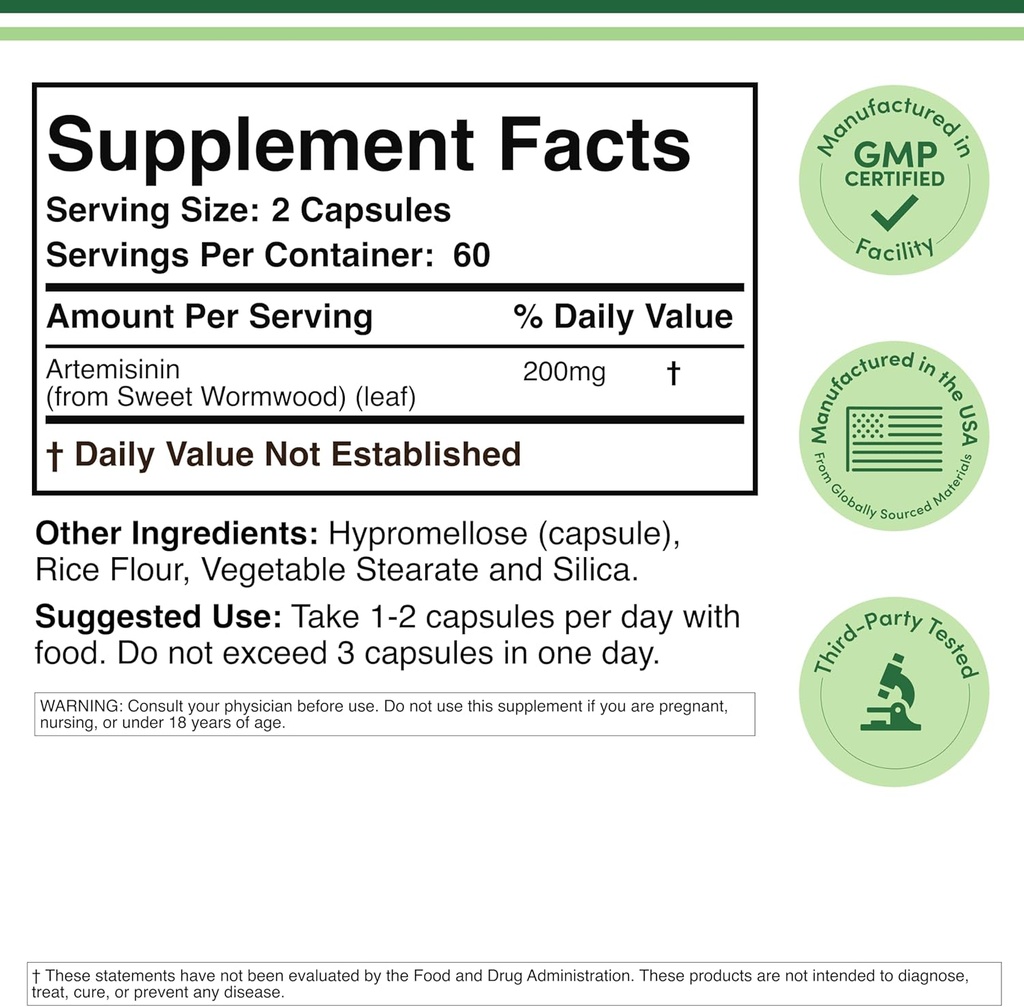 Artemisinin(甘いワームウッドクレンジング)(Artemisia Annua) サービングあたり200mg、120カプセル(2ヶ月の供給) ビーガンセーフ、非GMO、グルテンフリー(免疫サポート)ダブルウッド