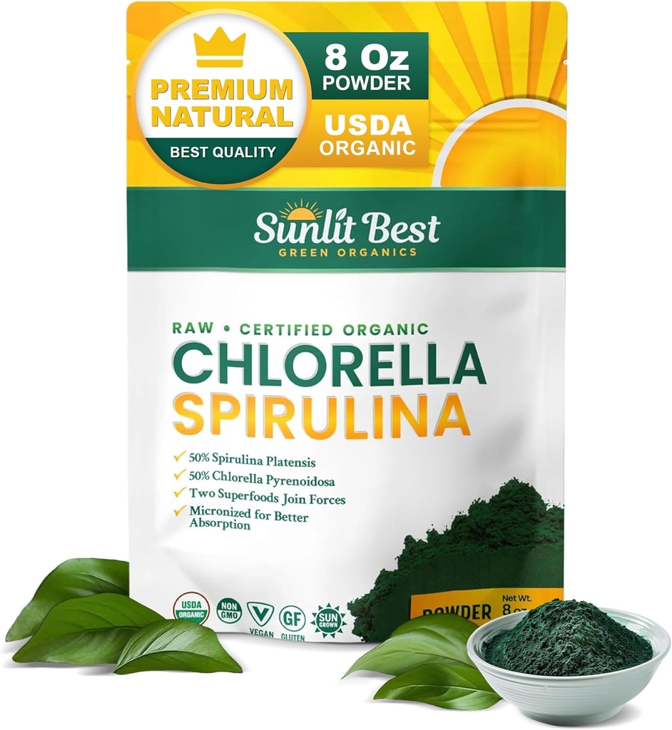 Sunlit Best USDA Organic Chlorella Spirulina Powder - 100% Raw & Vegan Source of Protein & Chlorophyll | Non GMO & Gluten Free Superfood Energy Drink | Gut Health & Immune Support Supplement, 8 oz