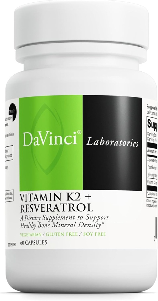 Davinci Labs Vitamin K2&Resveratrol - 抗酸化対応の骨の健康&心血管サプリメント* - ベジタリアン、グルテンフリー&大豆フリー - 60カプセル