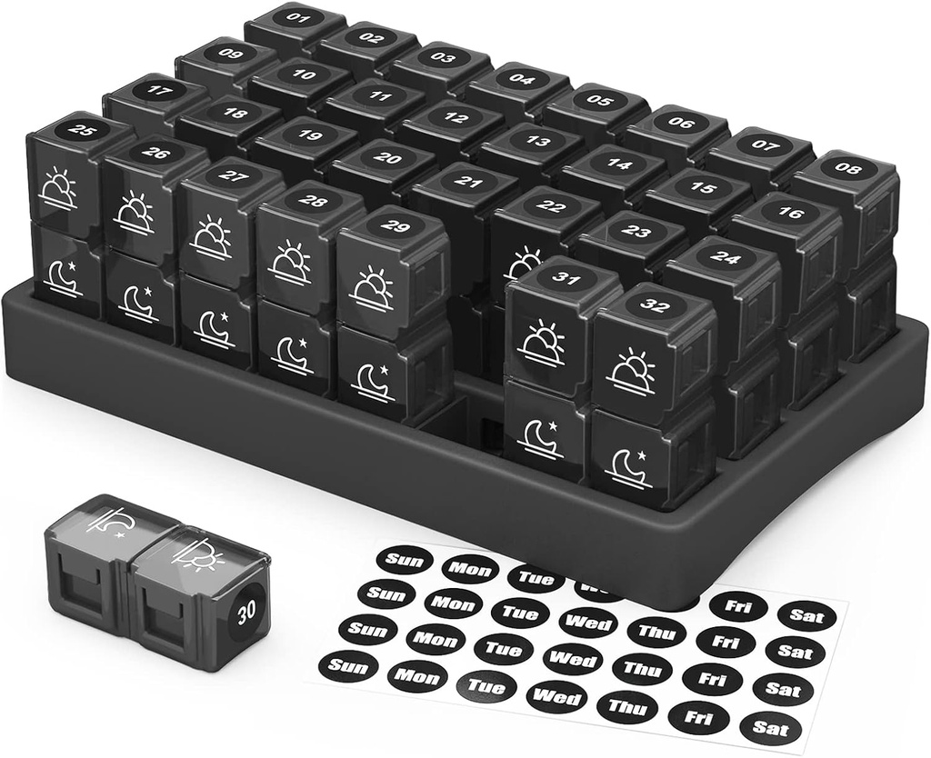 ZIKEE 30日ピルオーガナイザー毎月、ポータブル1ヶ月ピルボックスケース32 Twice a day AM PM ビタミン、魚油、サプリメント、医薬品(ブラック)のコンパートメント