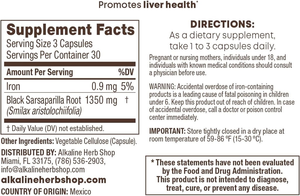 Alkalineハーブストアブラックサルサパリラサプリメント90カプセル