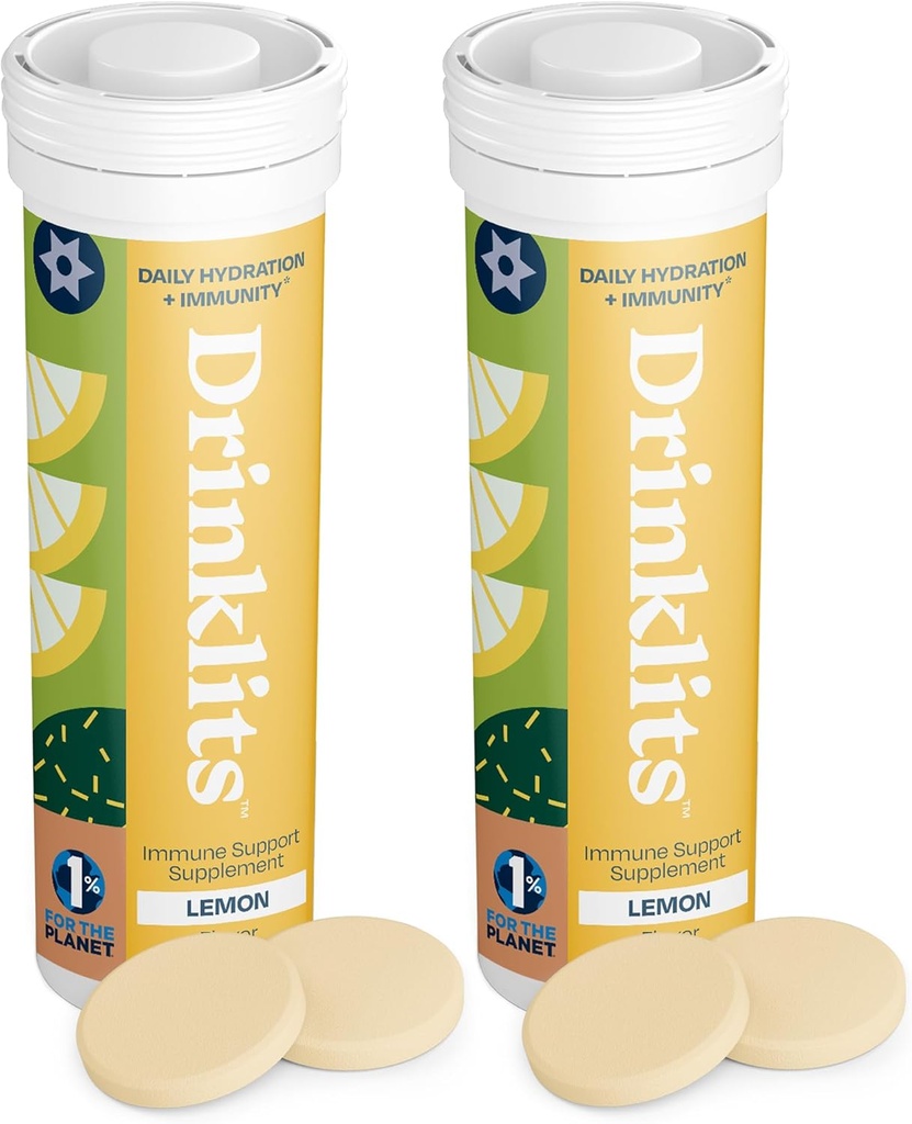 Drinklits Lemon Immune Support Tablets (2) Tube Bundle | Daily Immunity - 0g Sugar - Vitamins - Electrolytes - Herbal Blend | 20 Servings – 10 Tablets per Tube