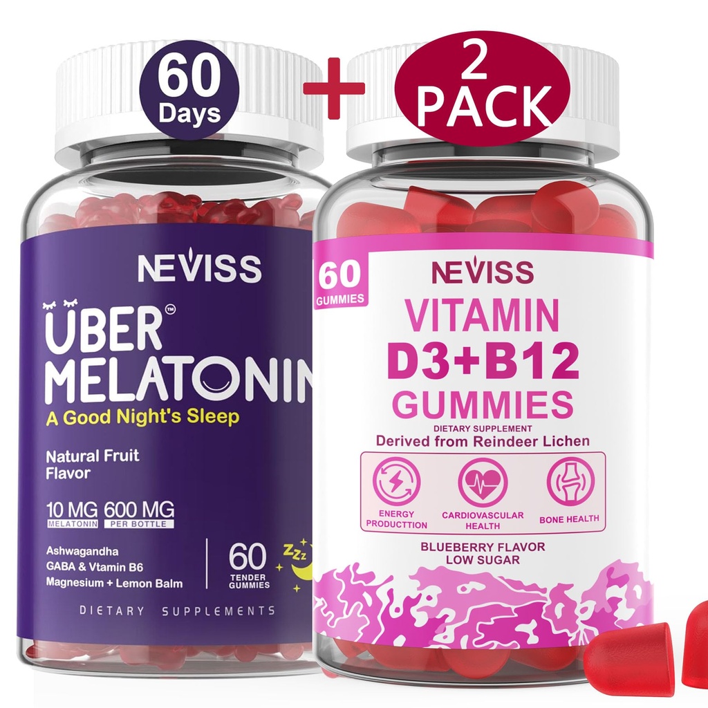 NEVISS Melatonin + ビタミンD3&B12グミ、ビーガン、2 + 2 = 4パック