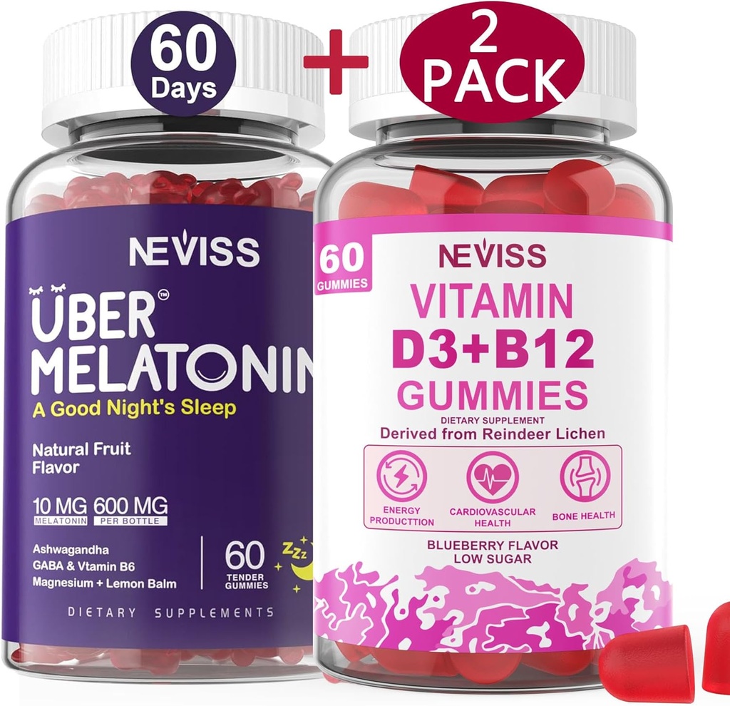 NEVISS Melatonin + ビタミンD3&B12グミ、ビーガン、2 + 2 = 4パック