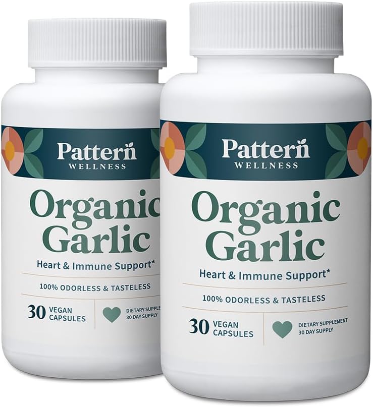 Pattern Wellness Odorless Organic Garlic – 1000mg – Immune, Circulatory & Heart Health Support – Non-GMO & Gluten Free – 60 Vegan Capsules