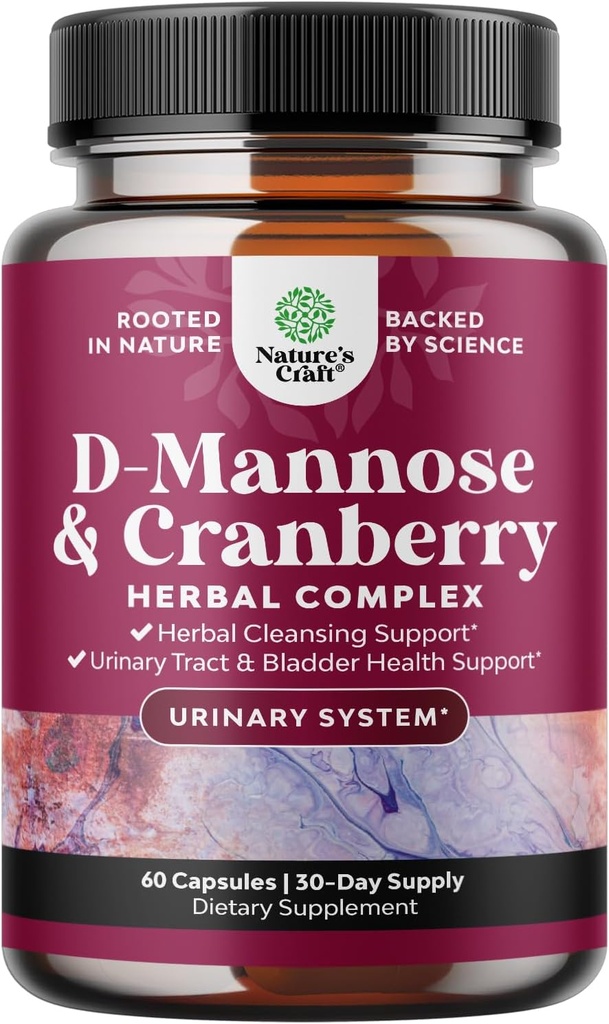 D Mannose with Cranberry Supplement - Potent D Mannose 1000mg Capsules for Kidney Defense Support & Cleanse and Urinary Tract Health for Women & Men - Bladder Health Supplement for Adults - 60 Count