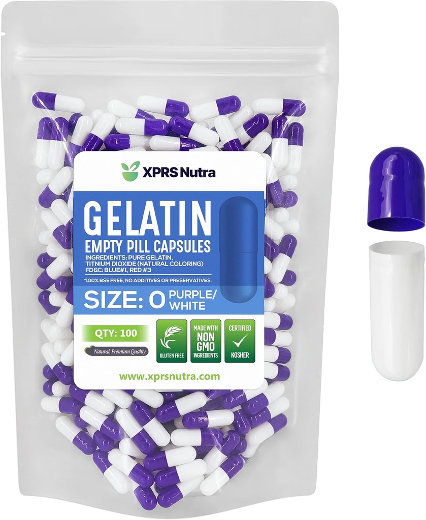 XPRSのNutraのサイズ0の空のカプセル- 100の計算の空のゼラチンのカプセル-Pills DIYのカプセルの詰物-Do-It-Yourselfの補足のための純粋な牛の丸薬のゲルの帽子(紫/白)