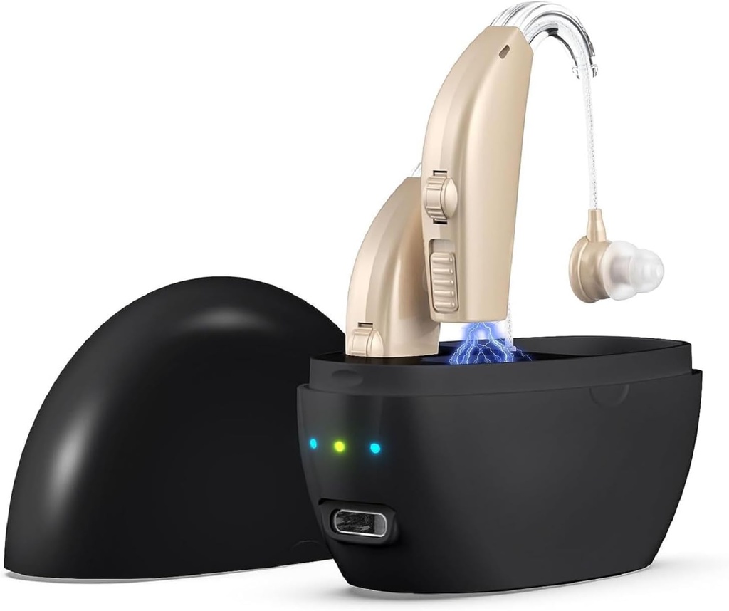 Kullre補聴器、ノイズキャンセリングとボリュームコントロールを備えたシニアのための補聴器、充電ケース付き補聴器