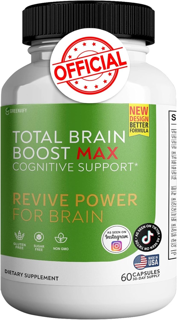 Total Brain Boost - Brain Support Supplement Enhance Memory & Focus Clear Brain Fog & Boost Cognitive Function 120 Natural Capsules