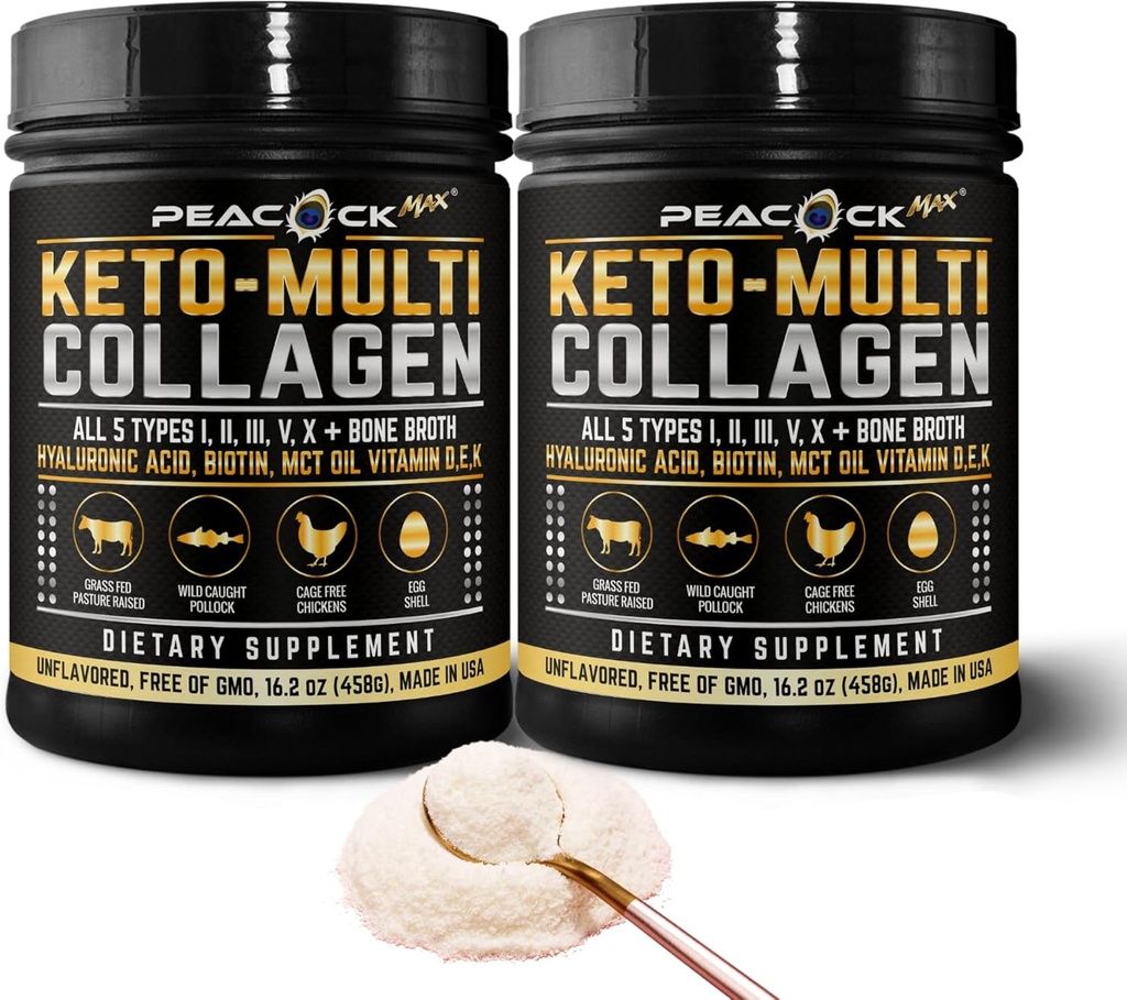 Keto Multi Collagen Peptides 16.2 oz, Pack of 2 - Bone Broth Protein Powder, 5 Types Hydrolyzed Collagen, MCT Oil, Unflavored Protein Powder for Joint, Skin, Hair & Gut Health