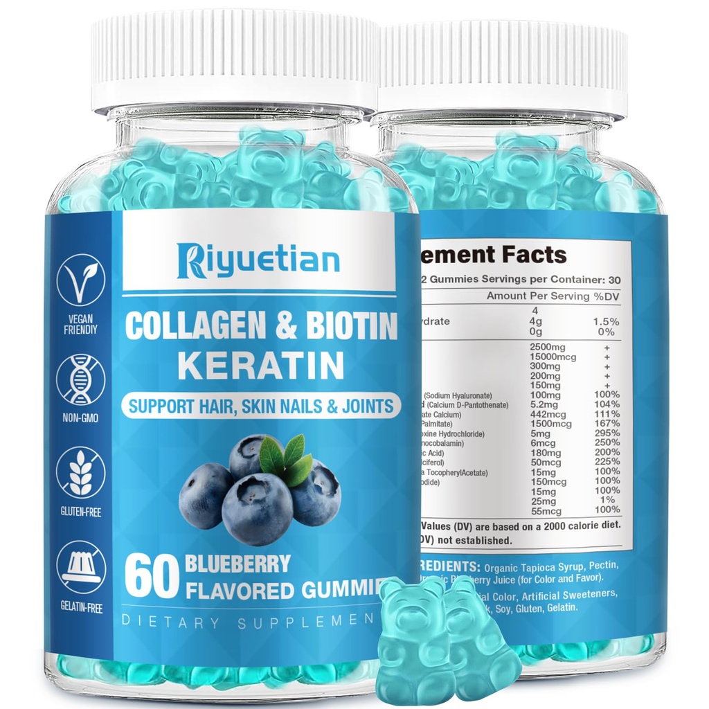 大人の女性のためのコラーゲンとBiotinのグミー15000mcg & 男性 - 髪, 皮膚 & ビオチンと爪のグミ - 女性のためのコラーゲン - ビーガン, 非GMO, 髪のビタミン - 60 カウント, 1 パック