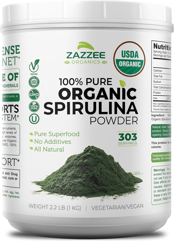 Zazzeeの有機性Spirulinaの粉、2.2ポンド(1 KG)、USDAは、303のサービング、Kosher、100%の純粋、非放射状、Messなしの広い口の容器、新しい臭いおよびニュートラルの好み、非GMO、グルテンフリーに与えます