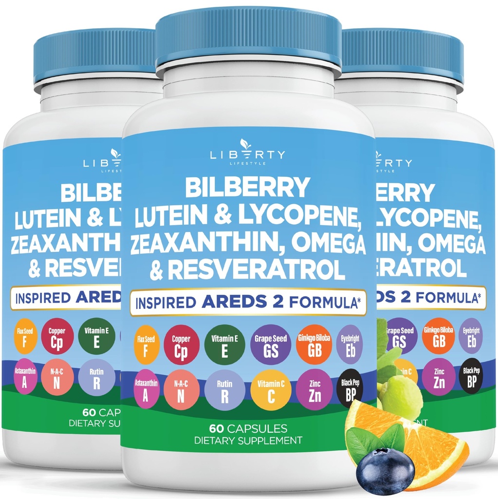 Bilberry、Lutein、Zeaxanthin、Lycopene、Resveratrol、ブドウの種エキスの亜麻仁- AREDS 2-180のカプセルが付いている目の健康のビタミン